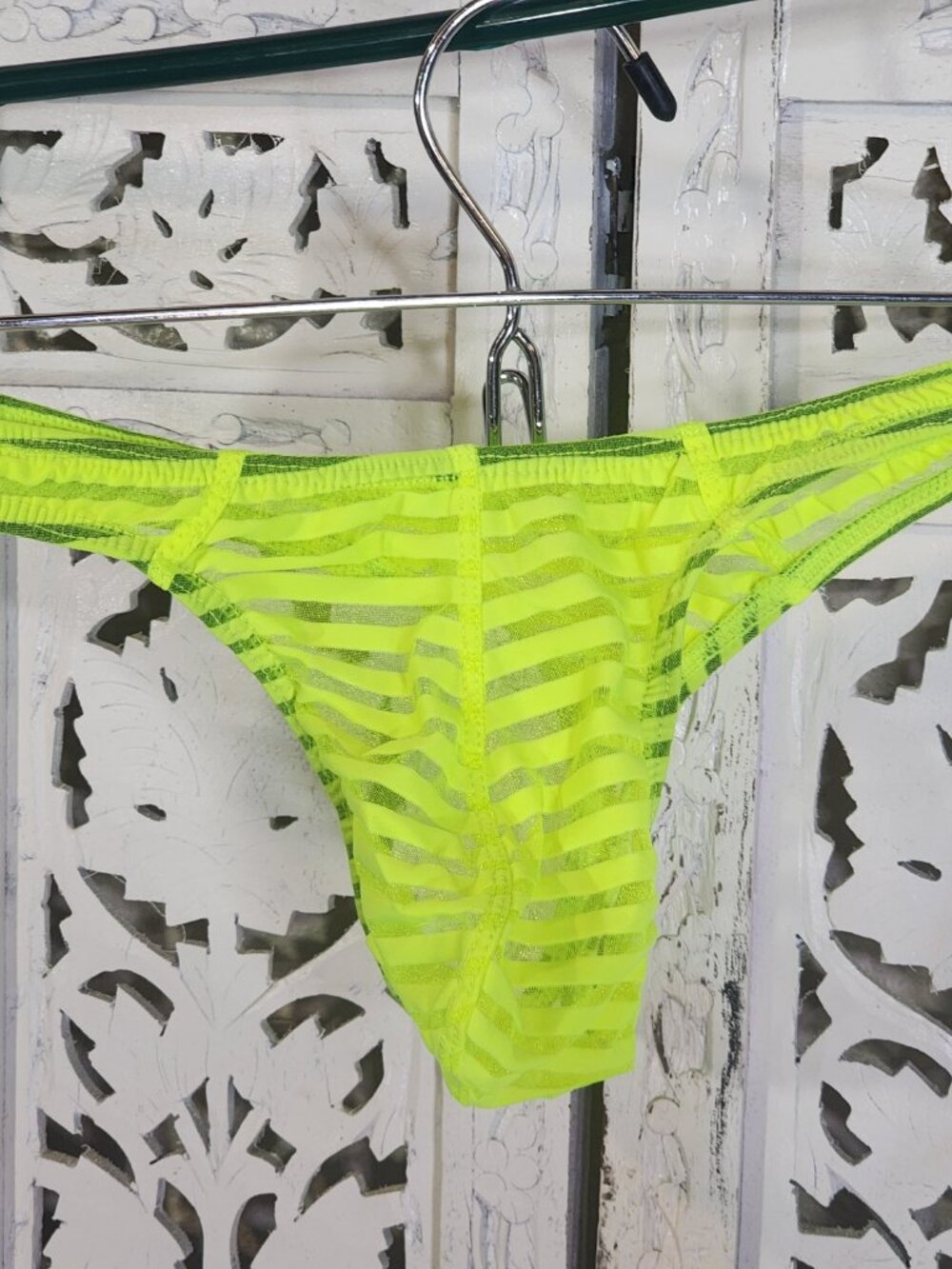 Unknown Brand Neon Lime Sheer Gray Metallic Stripe Thong Underwear Fit Like M - Picture 3 of 16